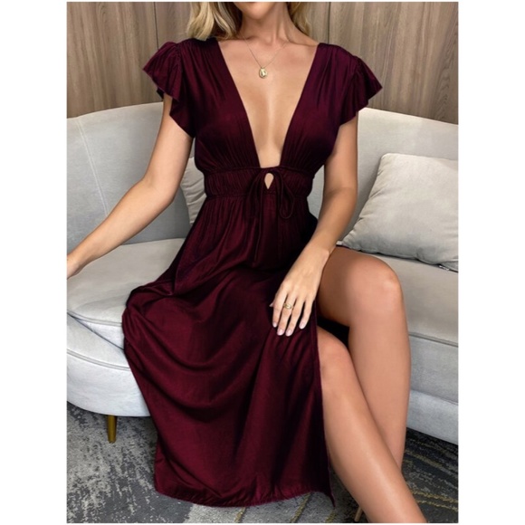 Bellanblue Dresses & Skirts - Burgundy Plunging Neck Butterfly Sleeve Maxi Dress